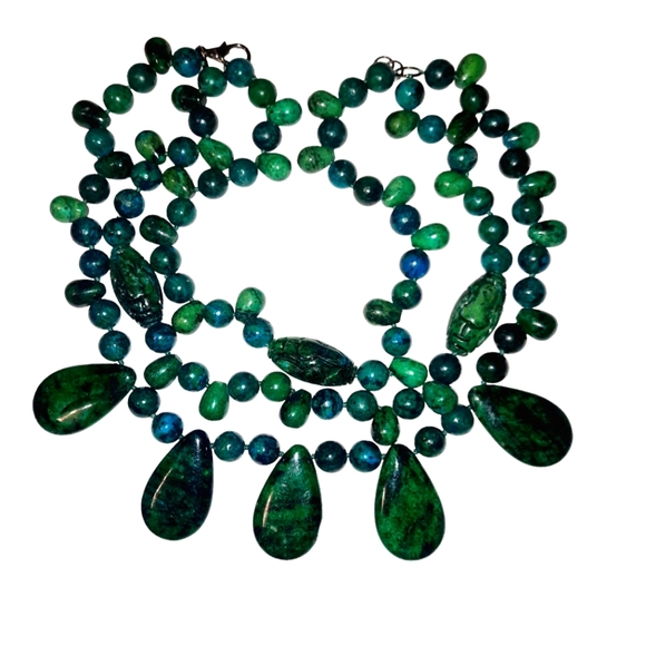 Azurite Malachite Chrysocolla Cabochon Tiered Beaded Statement Necklace - Picture 5 of 10